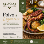 Delícias poster promoting Polvo à Lagareiro with grilled octopus, potatoes, and lemon slices on a rustic plate.