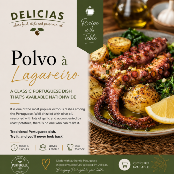 Delícias poster promoting Polvo à Lagareiro with grilled octopus, potatoes, and lemon slices on a rustic plate.