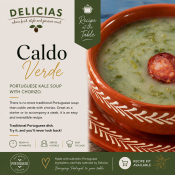 Delicias Caldo Verde soup ad: left panel with logo and description, right panel shows a red ceramic bowl of green kale soup with chorizo slice.