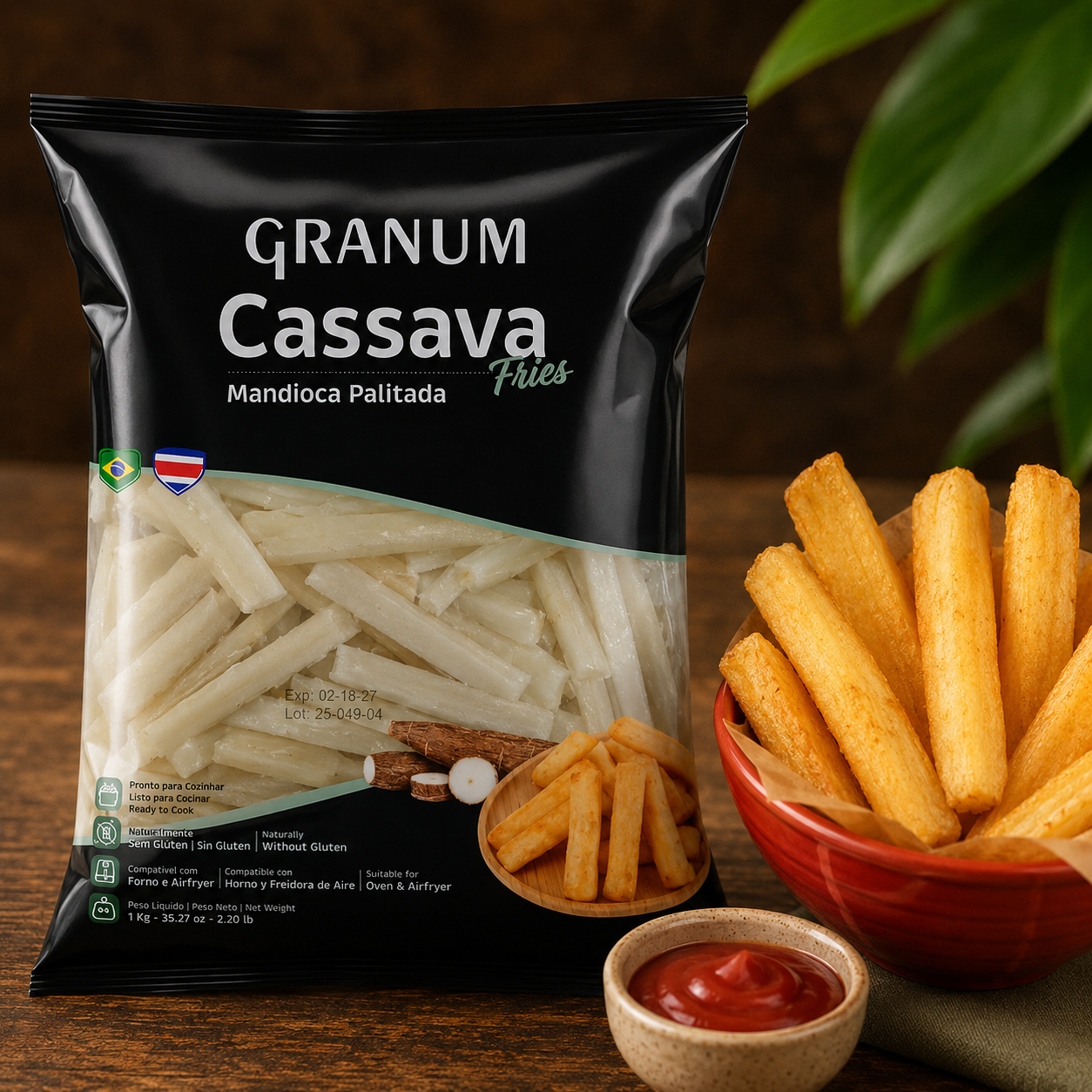 Mandioca Palito Bag of Granum Cassava Fries with visible cassava sticks through the bag, beside a bowl of cooked fries and dipping sauce on a wooden table.