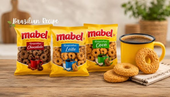 Three bags of Mabel cookies in chocolate, leite, and coco flavors sit on a wooden table beside a yellow mug and extra cookies; 'Brazilian Recipe' overlay appears.