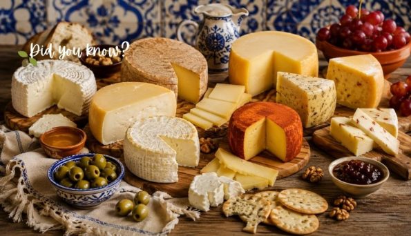 Assorted cheeses on a wooden board with olives, grapes, crackers, and jam, set against a blue-and-white decorative background; a 'Did you know?' banner appears in the upper left.