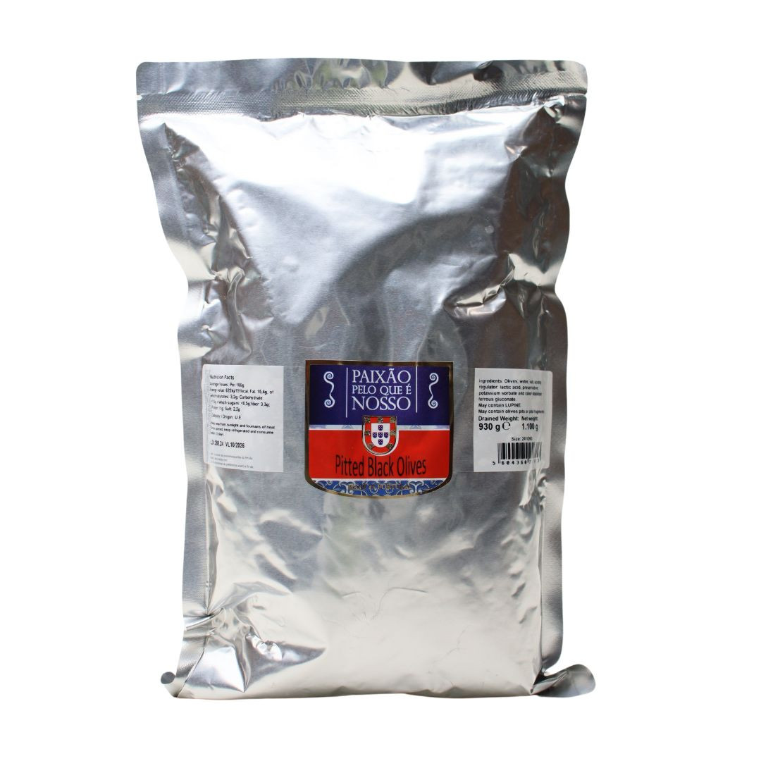 Paixao Pitted Black Olives Pouche 930g - Delícias Paixao Pitted Black Olives Pouche 930g