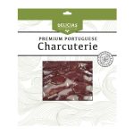 Package for Delicias Premium Portuguese Charcuterie with a window showing sliced cured meat.