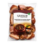 Bag of Granum Charcuterie smoked meat for Brazilian feijoada in a clear plastic package, label showing a pot of stew and sauces on the front.