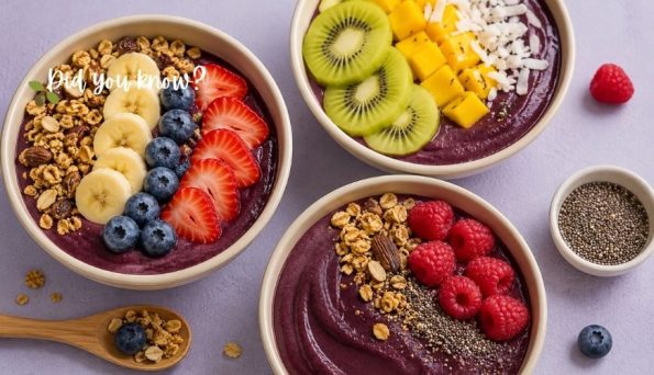 Three purple smoothie bowls topped with granola, sliced bananas and berries, kiwi, mango, and a chia seed sprinkle; overlay text says 'Did you know?'