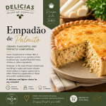 Packaging for Delicias Empadão de Palmito recipe kit, showing a sliced creamy heart-of-palm pie on the right and branding on the left side.