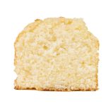 Bolo de Arroz 2 - Delícias Slice of light yellow vanilla sponge cake on a white background