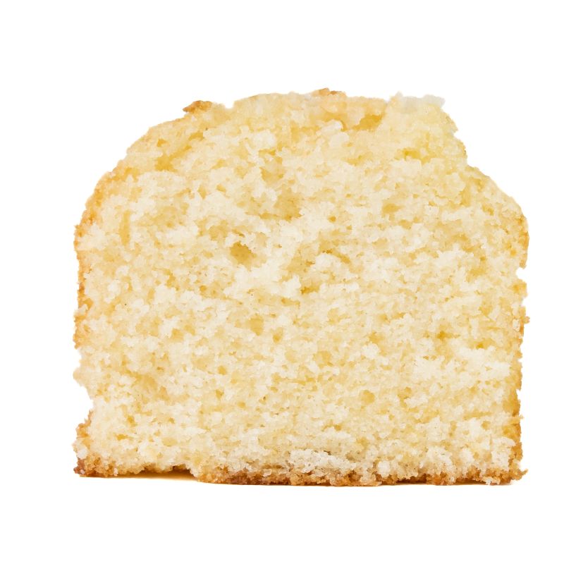 Bolo de Arroz 2 - Delícias Slice of light yellow vanilla sponge cake on a white background