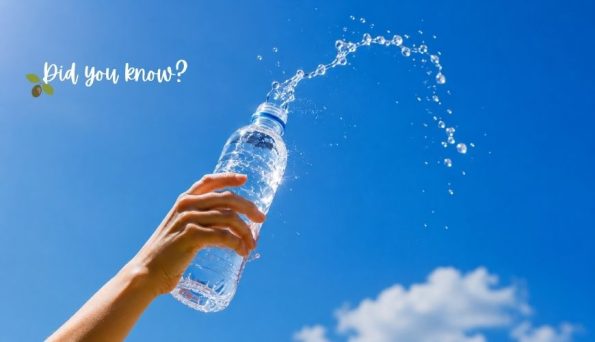 Hand holding a water bottle spraying water into a clear blue sky, with 'Did you know?' and a small leaf icon in the corner.