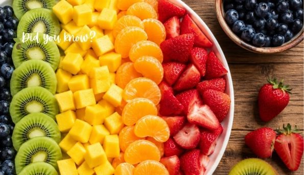 Colorful fruit platter with kiwi, mango, orange, strawberry, and blueberry arranged on a wooden table; 'Did you know?' overlay text appears on the fruit.