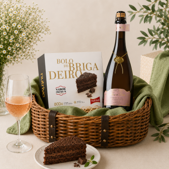 Gift basket containing chocolate cake box, a bottle of sparkling wine, a wine glass, and a green cloth ornamental setting with flowers in the background.