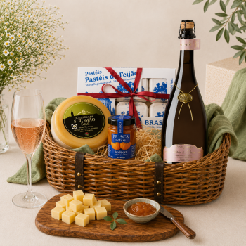 Gift hamper with cheese wheel, jam, crackers, and a bottle of sparkling wine in a woven basket, plus a glass on the side.
