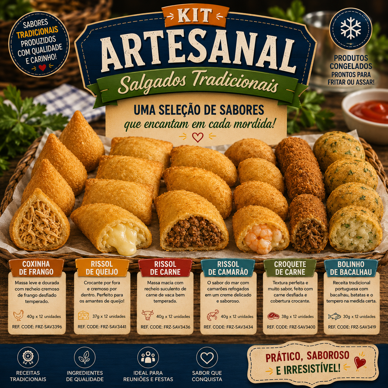 Kit Salgados - Delícias Assorted fried Brazilian snacks arranged on a tray with labels for coxinha de frango, rissóis, croquete and bolinho de bacalhau and a large ARTESANAL sign above.