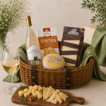 Gift basket featuring a bottle of white wine, cheeses, and crackers arranged with a cheese board in front, on a beige background.
