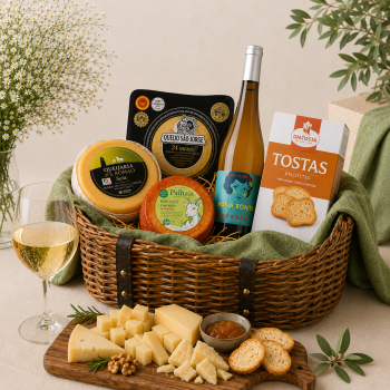 Basket of cheeses, crackers, wine, and a box of tostas for a rustic cheese spread.
