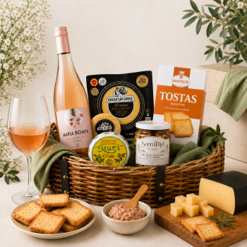 Gift basket with wine, cheeses, crackers, and spreads arranged on a table.