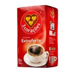Red 3 Corações Extraforte coffee package with a cup of coffee showing a heart-shaped crema on top of the foam.