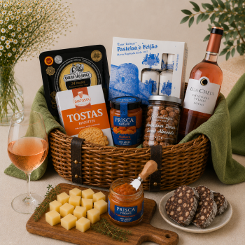 Wicker gift basket filled with cheese, crackers, jam, nuts, cookies, and a bottle of wine on a beige table.