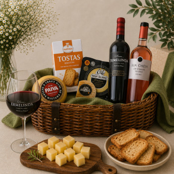 Wine bottles, cheeses, crackers, and sliced bread arranged in a wicker gift basket on a beige table.