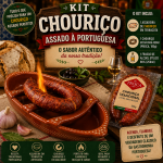 Kit de chouriço português: assinatura de assado tradicional com salsichas, pão e itens incluídos no kit em destaque no rótulo