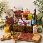 Gift basket filled with meats, cheeses, bread, wine and assorted gourmet snacks for a festive spread.