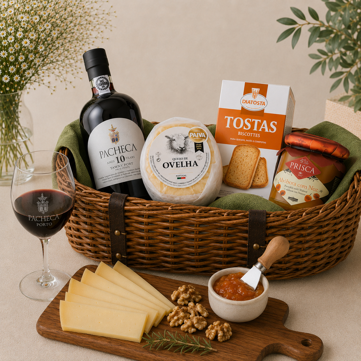 Port Artisan Cheese Selection Delicias Hamper - Delícias Gourmet gift basket with a bottle of port, wheel of cheese, crackers, jam, and sliced cheese arranged on a wooden board.
