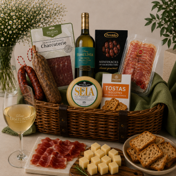 Gift basket of Portuguese charcuterie: wine, cheese, sausages, cured meats, crackers, and sliced bread.