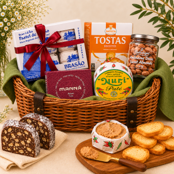 Wicker gift basket filled with assorted snacks: cookies, pâté, sardines, nuts, jam, and crackers.