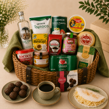 Woven basket filled with assorted Brazilian snacks and pantry items (coffee, crackers, canned goods, chocolates) on a beige table with plates nearby.