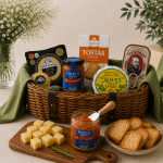Gourmet food basket with cheeses, pâté, jam, crackers, and boxed biscuits in a wicker basket set on a table.