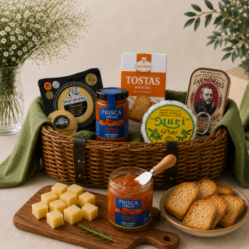 Gourmet food basket with cheeses, pâté, jam, crackers, and boxed biscuits in a wicker basket set on a table.