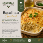 Delicias Bacalhau Espiritual recipe kit cover with baked cod gratin and parsley, title Bacalhau Espiritual.