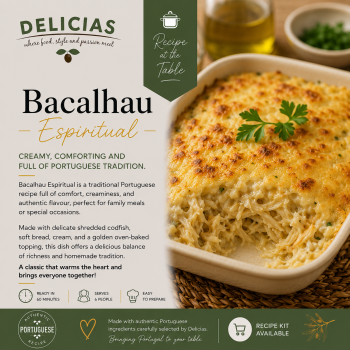 Delicias Bacalhau Espiritual recipe kit cover with baked cod gratin and parsley, title Bacalhau Espiritual.