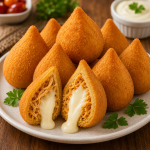 Plate of golden fried hush puppies, two halves split open to show creamy melted cheese inside, garnished with parsley leaves.