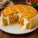 Golden-brown chicken pot pie with a lattice crust, sliced open to show creamy shredded chicken filling and melted cheese.