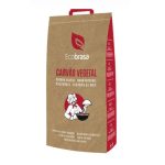 EcoBrasa charcoal bag with brown paper packaging and red accents, featuring a chef illustration and 'Carvão Vegetal' label