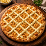 Pizza topped with shredded chicken and a white sauce lattice on a wooden board.