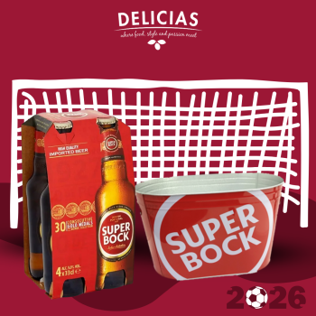 Delicias promo image featuring a four-pack of Super Bock beer and a red Super Bock bucket in front of a white grid backdrop on a maroon background with a 2026 soccer graphic.