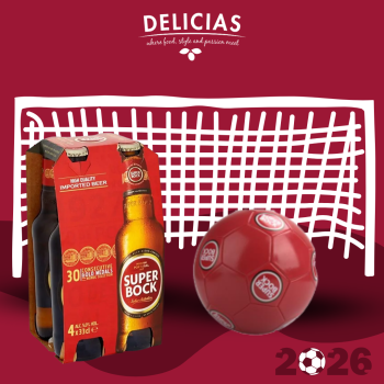 Delicias promotion with a beer pack and red soccer ball in front of a goal net, celebrating 2026 in a maroon design.