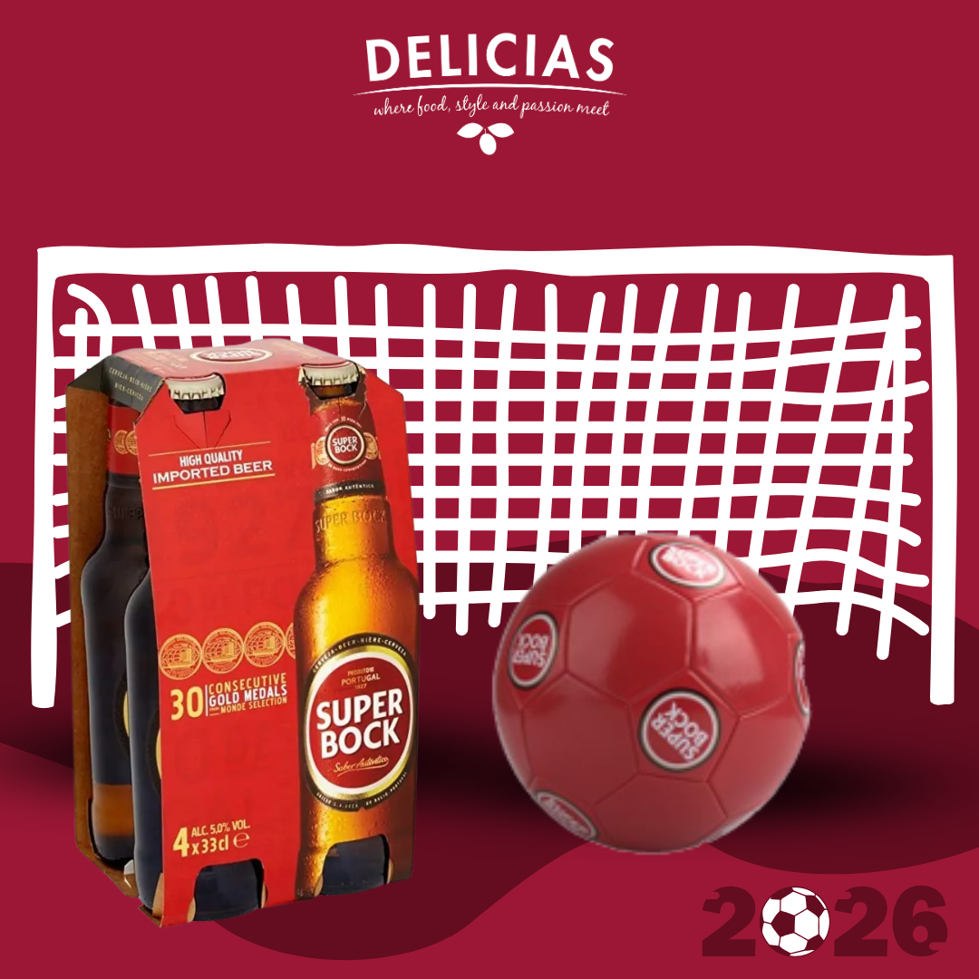 WCUP 2026 - BOLA 1 - Delícias Delicias promotion with a beer pack and red soccer ball in front of a goal net, celebrating 2026 in a maroon design.