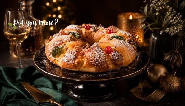 Holiday-inspired braided cake on a pedestal, dusted with powdered sugar, with festive lights, ornaments, and a wine glass nearby (Did you know? overlay).