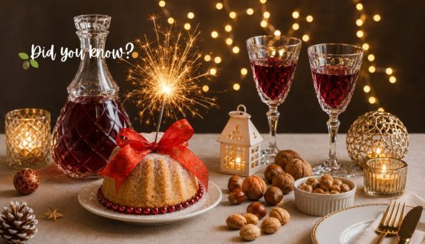 Festive table setting with a round cake tied by a red ribbon, lit sparkler, wine glasses, nuts, and decorative lights in the background.