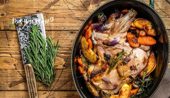 Roast chicken with carrots, potatoes and onions in a black oval roasting pot on a wooden table; fresh rosemary and a knife sit to the side, with 'Did you know?' text.