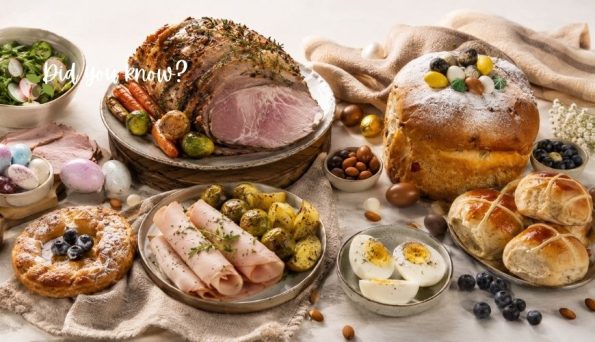 A rustictable feast: roast pork centerpiece with rolls, deviled eggs, olives, cheeses, and pastries laid out on a light cloth.