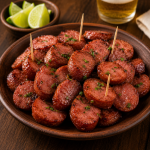 Salsicha Calabresa - Delícias Sliced sausage bites sprinkled with parsley on a wooden platter, with lime wedges and a beer in the background.
