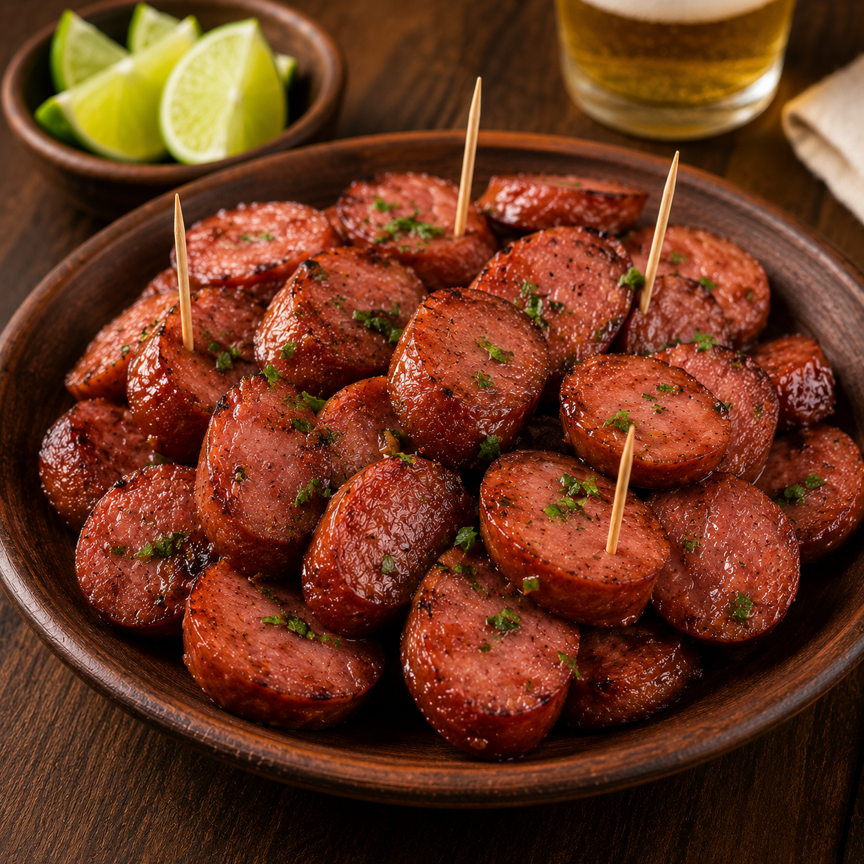 Salsicha Calabresa - Delícias Sliced sausage bites sprinkled with parsley on a wooden platter, with lime wedges and a beer in the background.