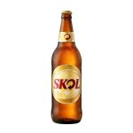 Brown glass Skol beer bottle with condensation on a white background