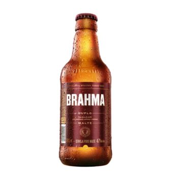 Brahma beer bottle with condensation on brown glass and a front label reading BRAHMA.