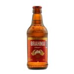 Brahma beer bottle with red label and crown cap, 300 ml, Brazilian brand name visible on label.